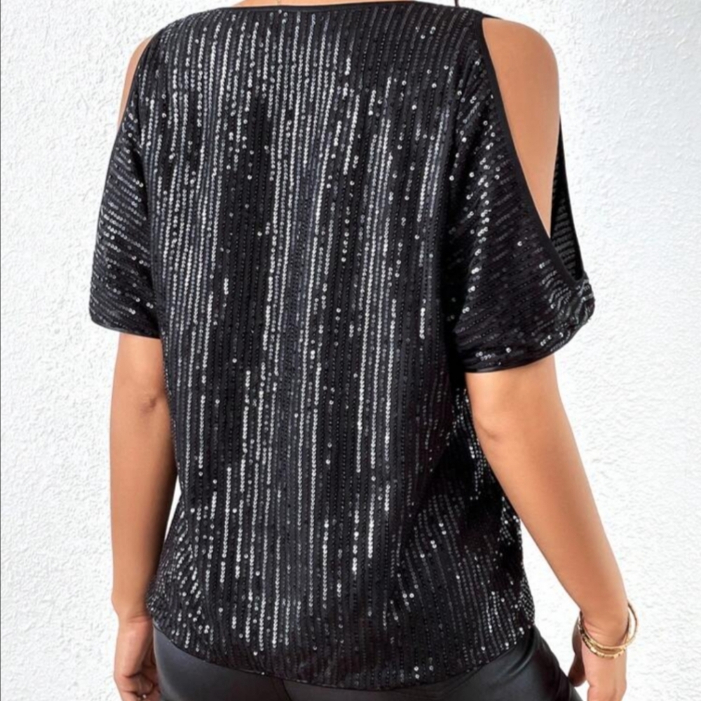Masseys Sequin Blouse black sequins cold shoulder short sleeve top lined, XL
